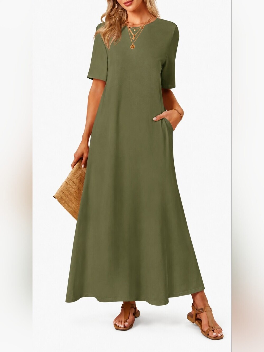 MEROKEETY T-Shirt Maxi Dress A-lined Pockets Army Green Women Size Large
